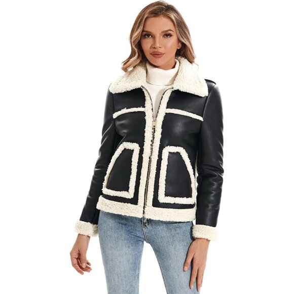 ⚡Women's Black White Fur Winter Coat Warm Thick Fur Lined Faux Leather Jacket - Picture 2 of 6